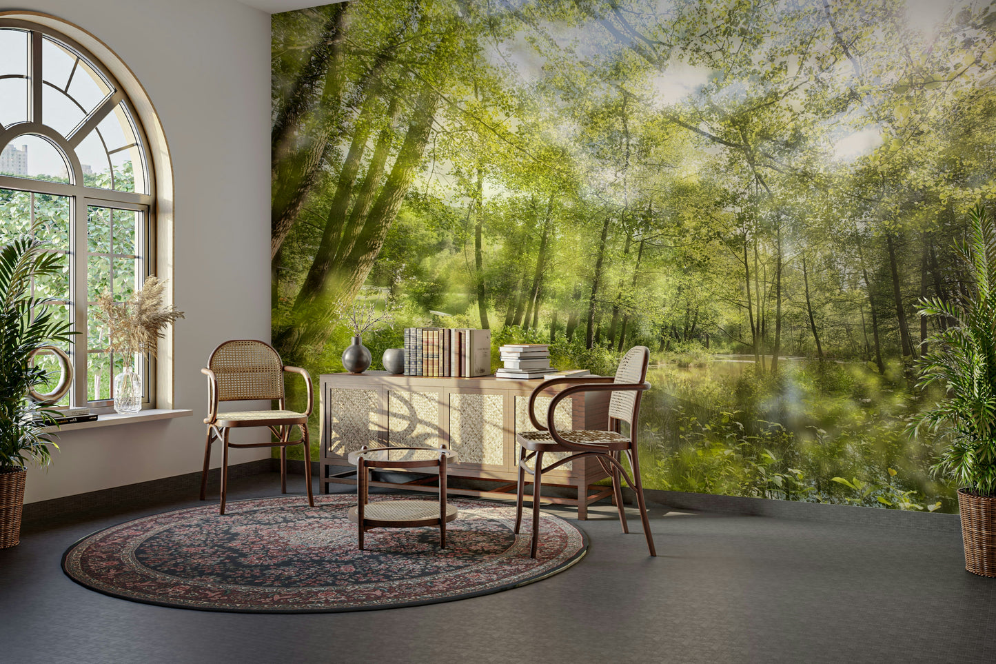 The color palette is composed of various shades of green for the foliage, blues for the water and sky, and earthy tones for the land.
