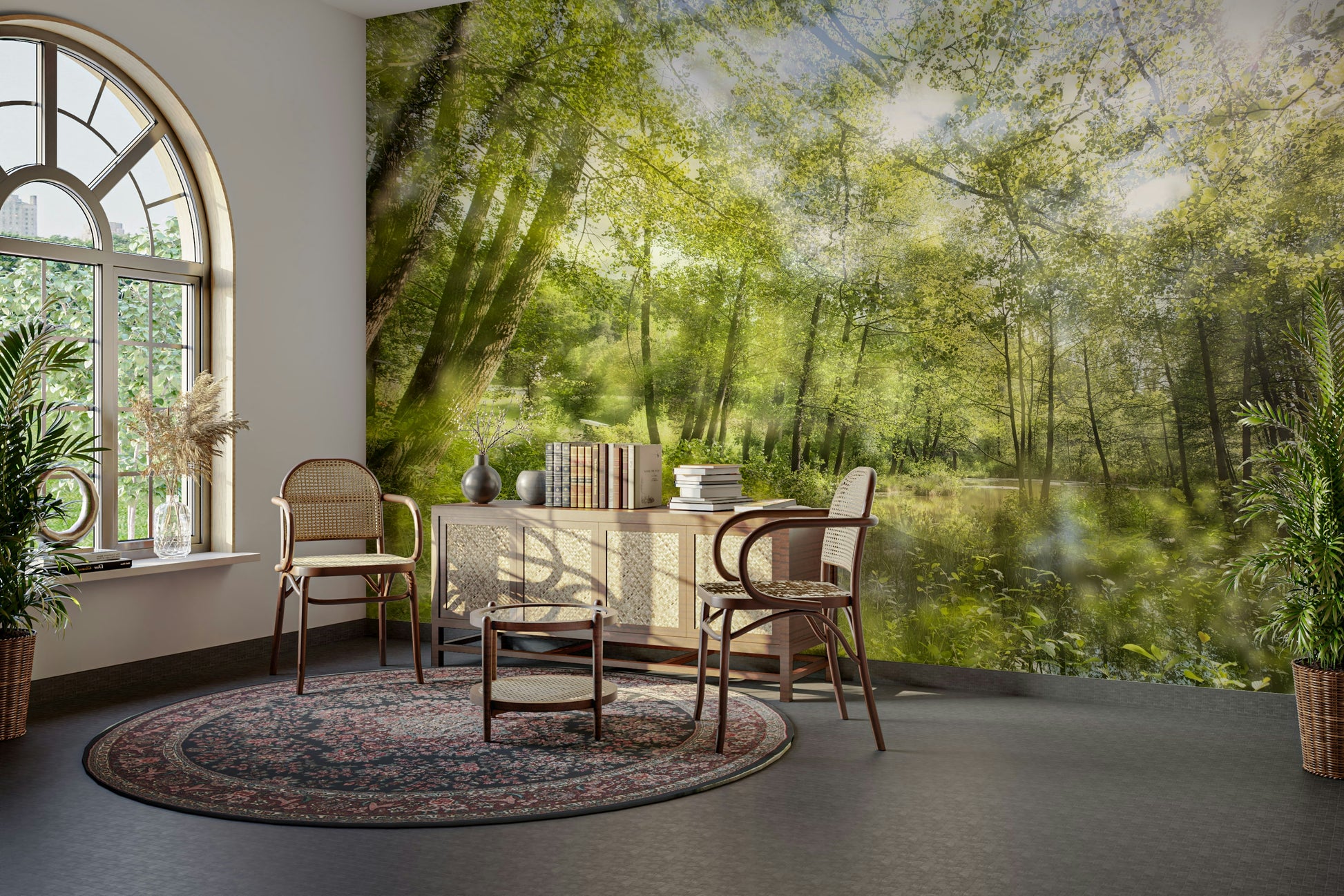 The color palette is composed of various shades of green for the foliage, blues for the water and sky, and earthy tones for the land.
