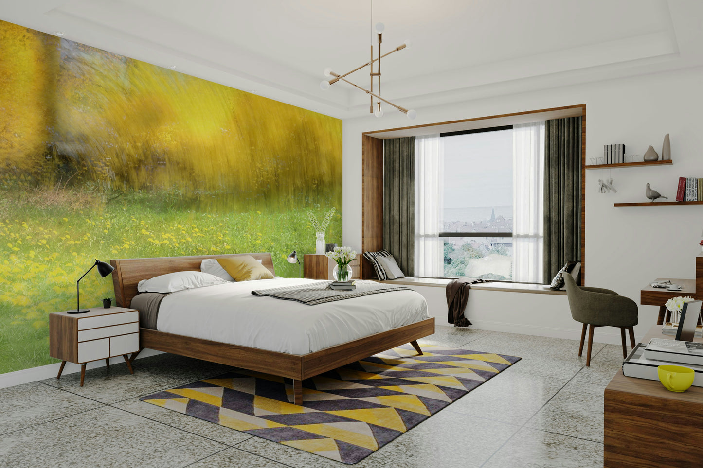 Features an artistic interpretation of a meadow or natural landscape, rendered in an abstract style.
