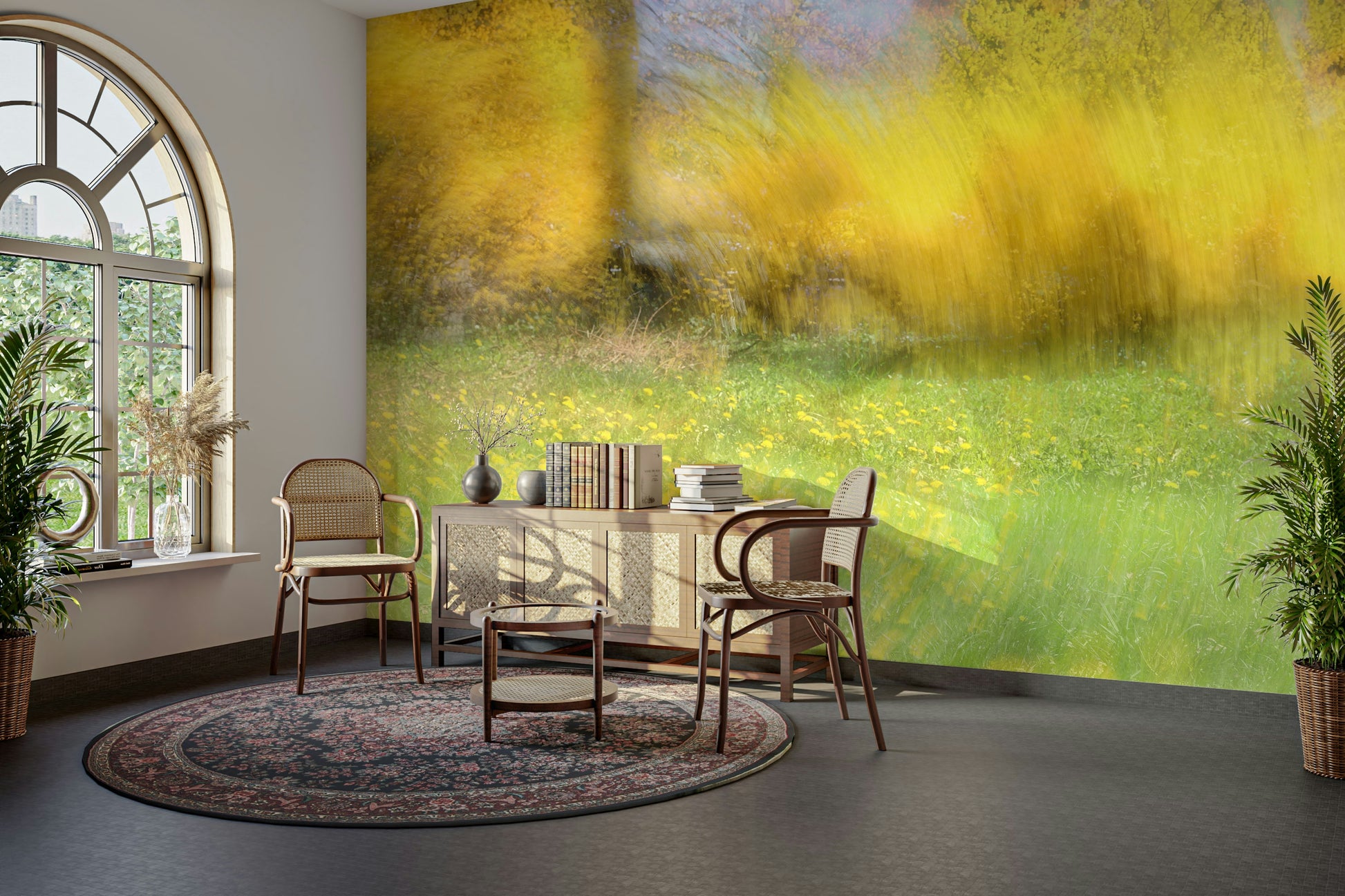 Features an artistic interpretation of a meadow or natural landscape, rendered in an abstract style.

