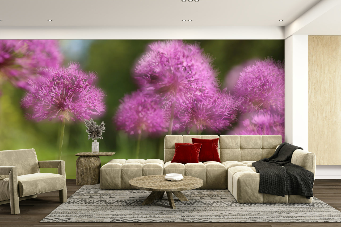 Features allium flowers or similar spherical floral blooms, rendered with a soft, blurred, or motion-photography effect, giving an ethereal feel.
