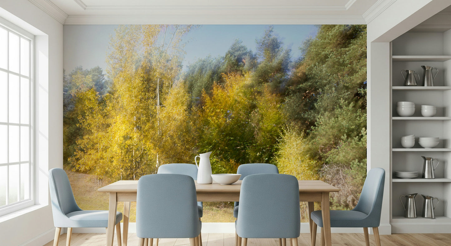 Autumn's Whisper: Blurred Nature Photography of Golden Trees Wall Mural