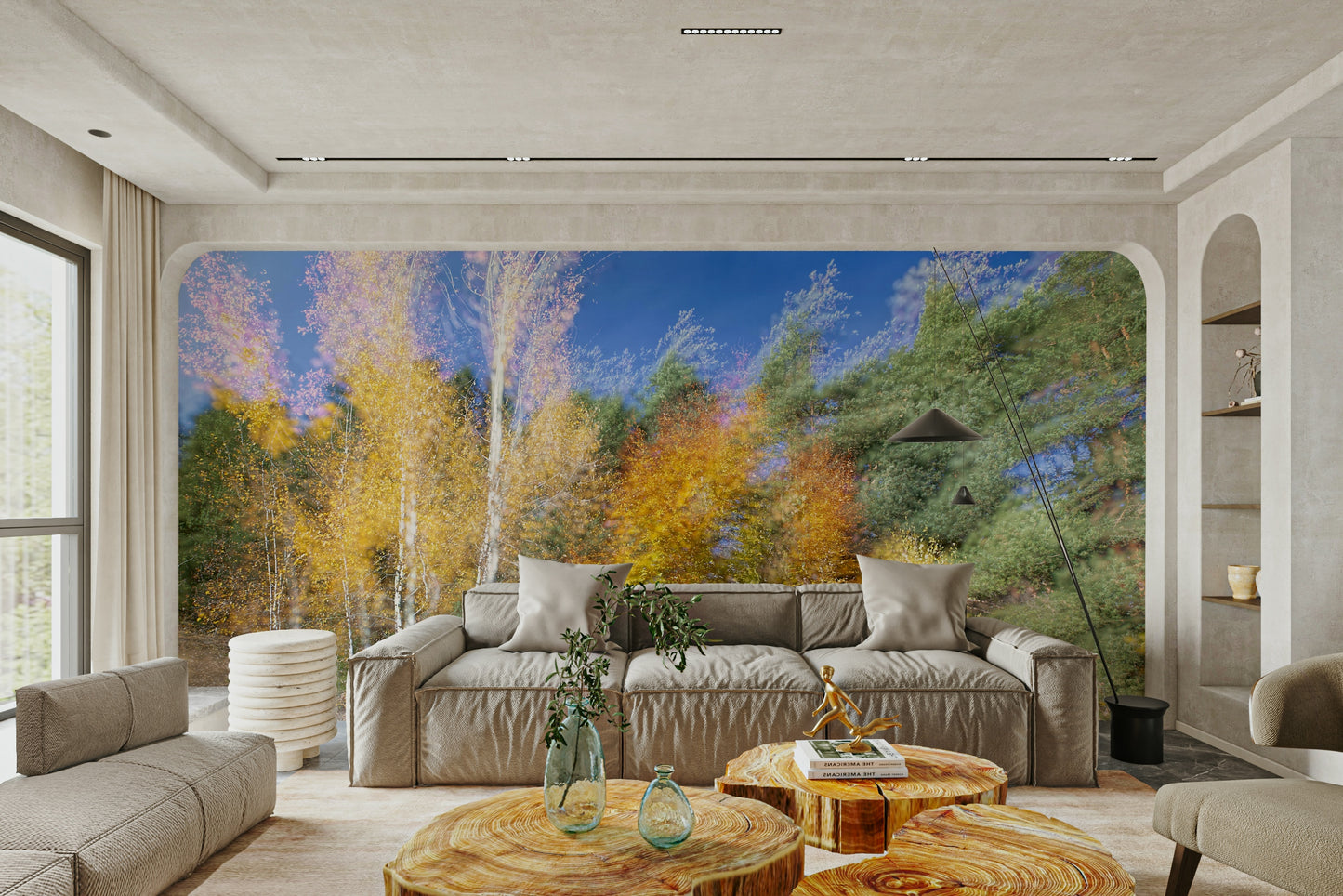 Features an autumn forest scene rendered with a dynamic, blurred, or motion-photography effect, suggesting movement.
