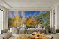 Features an autumn forest scene rendered with a dynamic, blurred, or motion-photography effect, suggesting movement.
