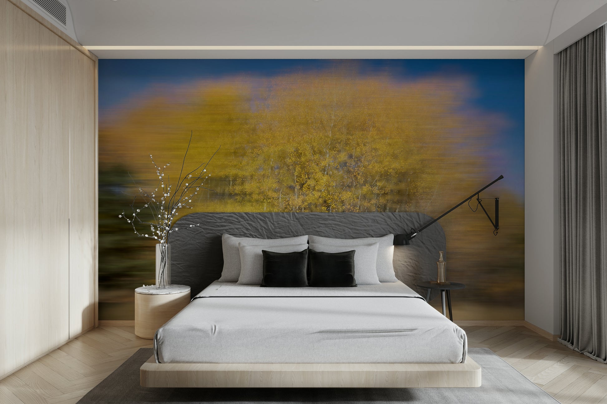 The design evokes a sense of peace, mystery, and the gentle movement of autumn nature.
