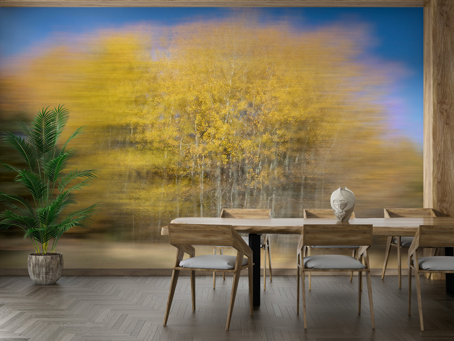 Features an autumn forest scene rendered with a soft, blurred, or motion-photography effect, giving an ethereal feel.
