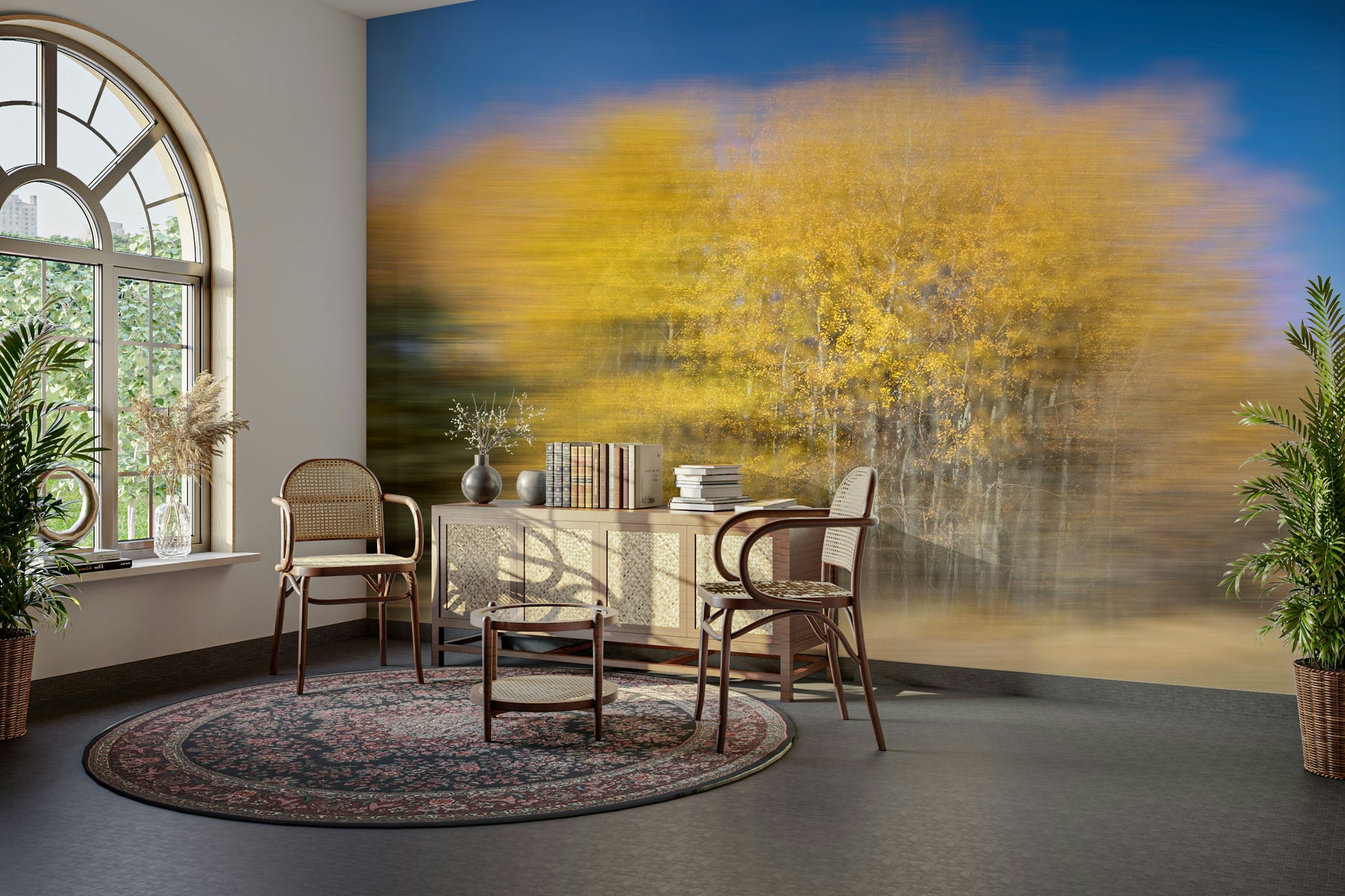 The color palette is composed of muted reds, oranges, yellows, and soft greens, reflecting autumn foliage.
