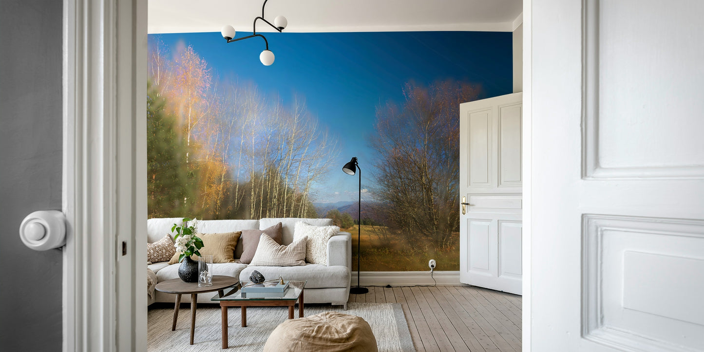 Autumn Landscape Photography - Serene Trees Under Blue Sky - Nature Wall Art Wall Mural