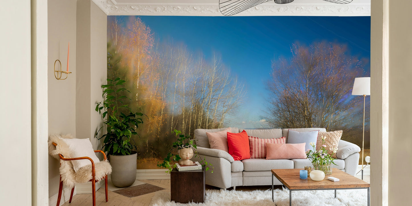 Autumn Landscape Photography - Serene Trees Under Blue Sky - Nature Wall Art Wall Mural
