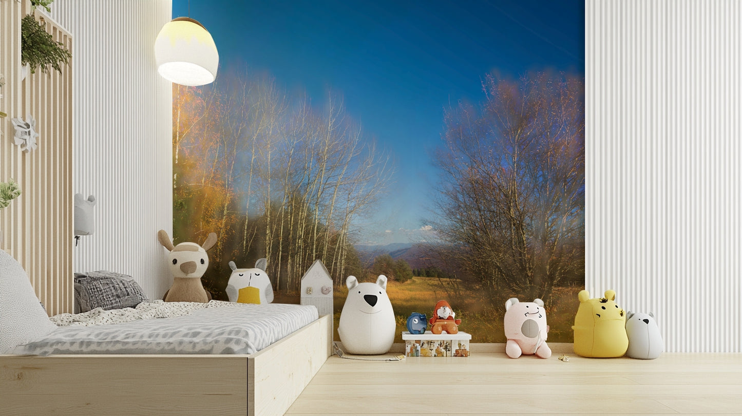 Autumn Landscape Photography - Serene Trees Under Blue Sky - Nature Wall Art Wall Mural