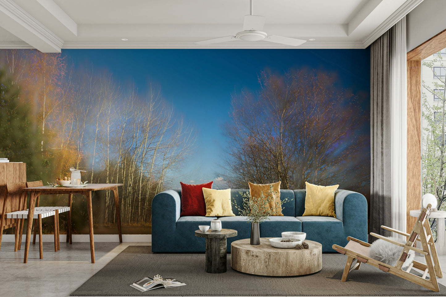 Autumn Landscape Photography - Serene Trees Under Blue Sky - Nature Wall Art Wall Mural