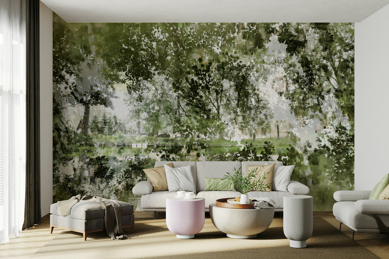 Tranquil Reflection of Nature - Abstract Greenery Art Print Wall Mural