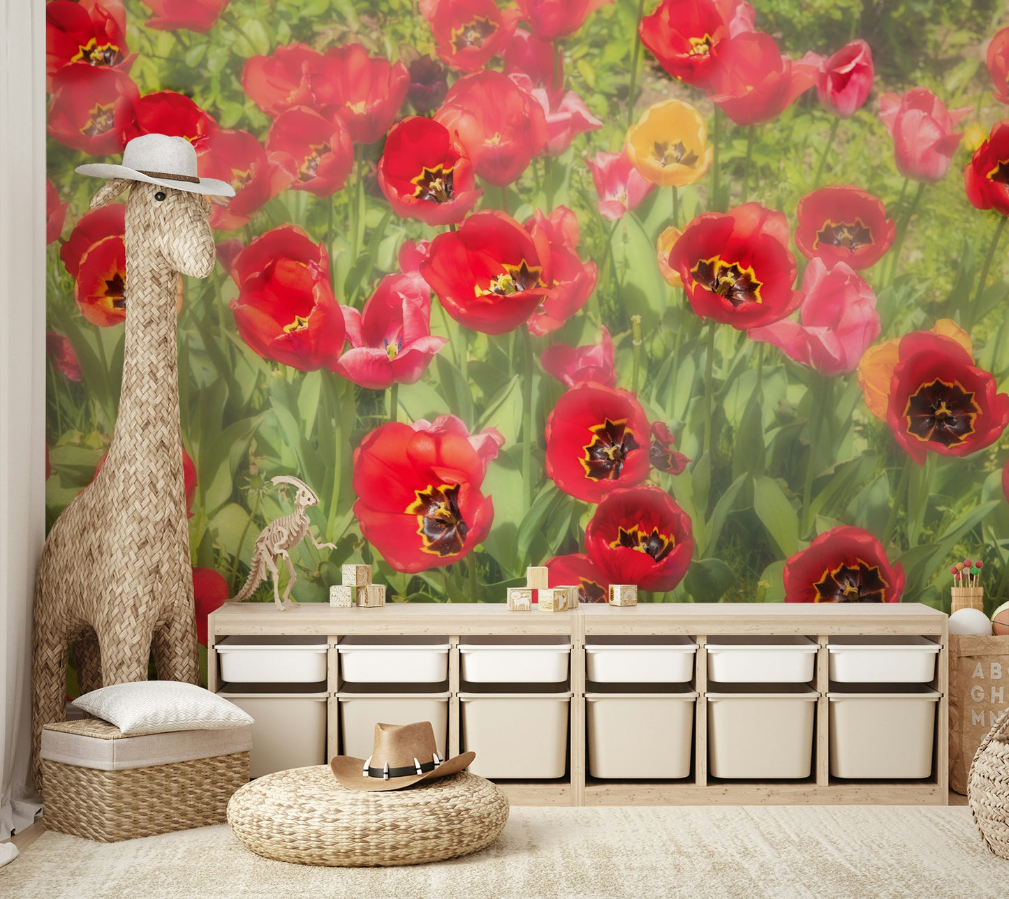Vibrant Red Tulip Field Photography | Floral Wall Art | Nature Decor Wall Mural