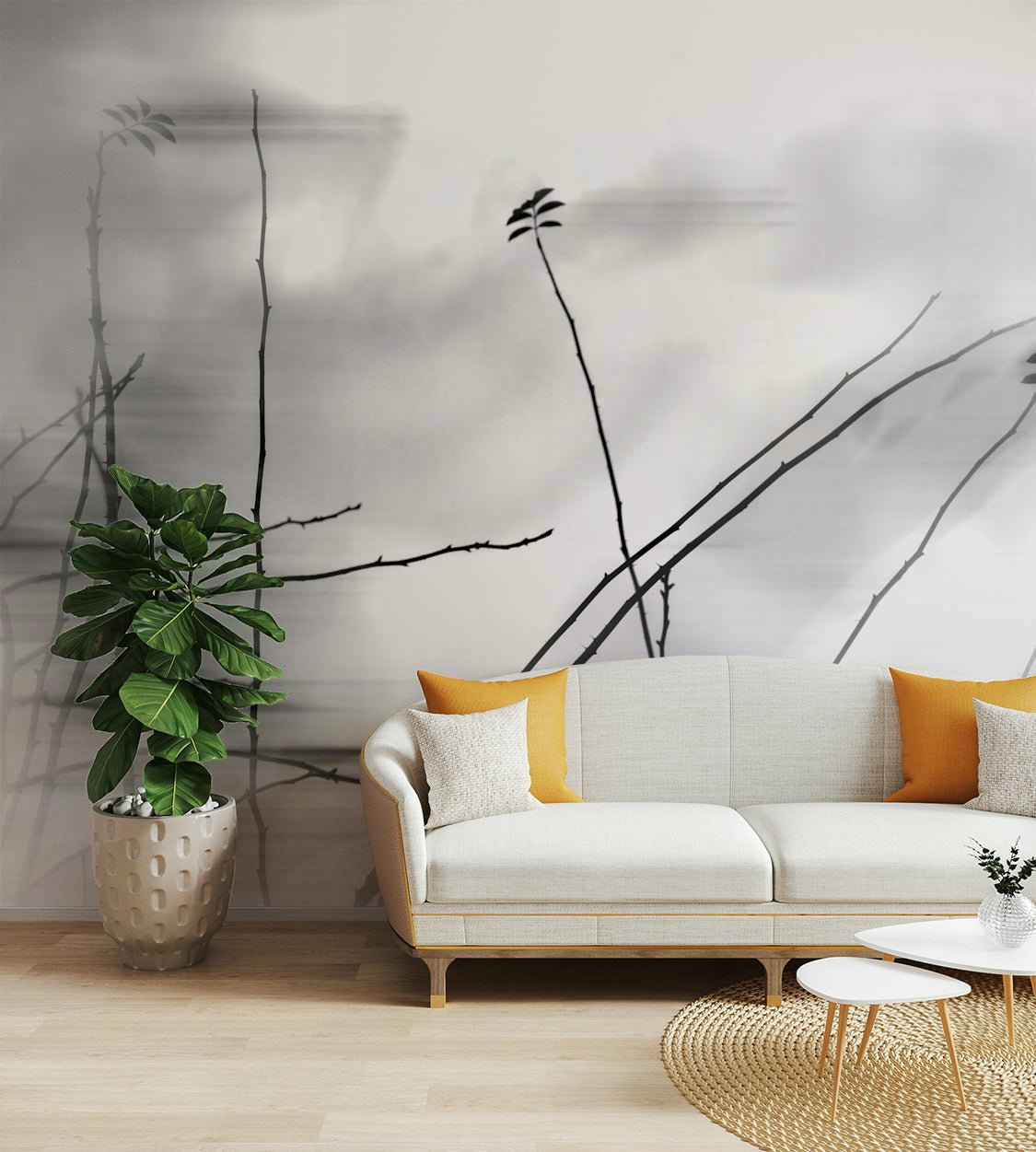 Ethereal Monochrome Art Print of Delicate Branches Wall Mural