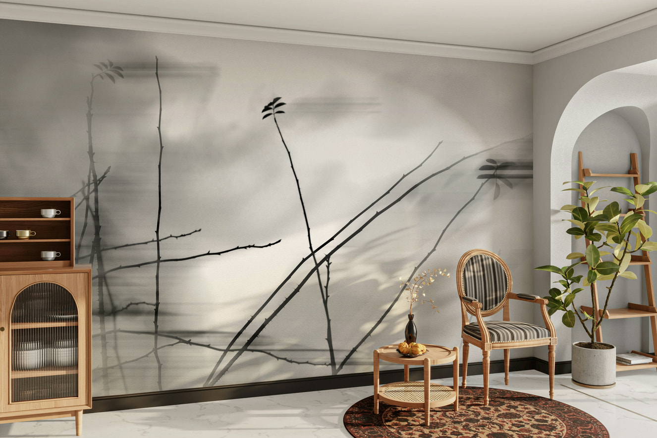 Ethereal Monochrome Art Print of Delicate Branches Wall Mural