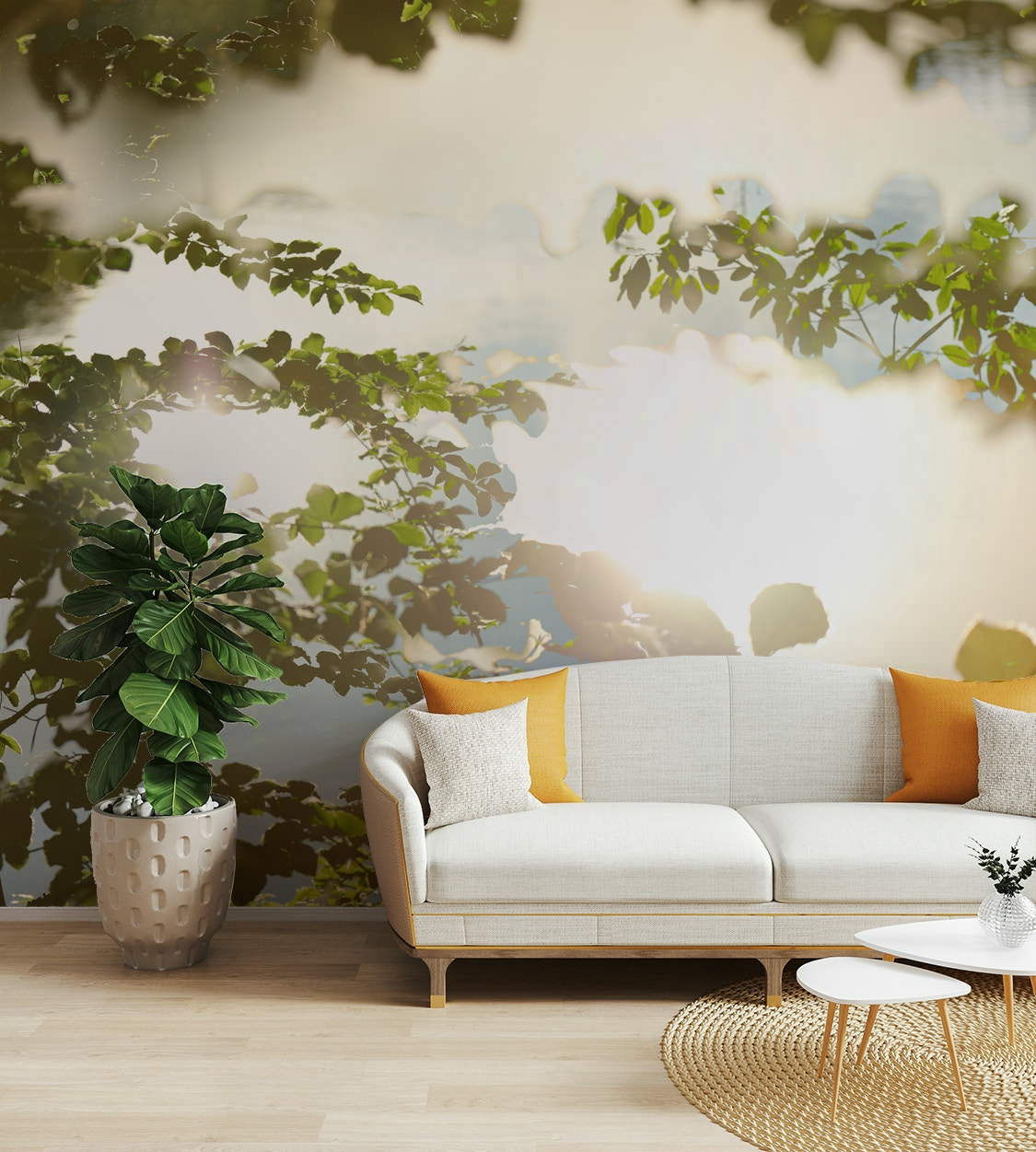 Serene Reflection of Nature: Leafy Water Scene Photography Wall Mural