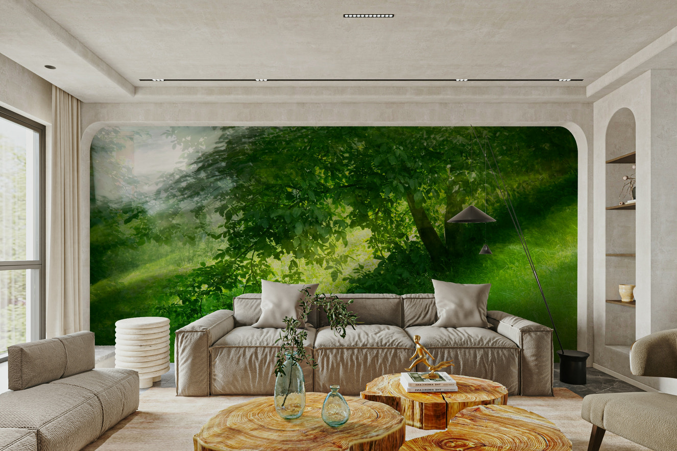 Serene Green Landscape Photography - Tranquil Tree and Lush Grass Scene Wall Mural