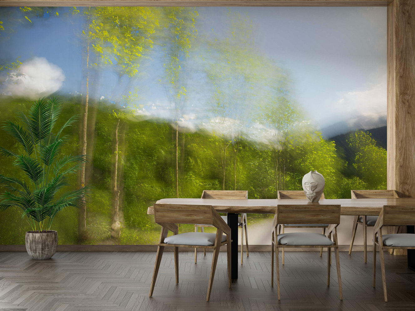 Whispering Greens: Blurred Nature Photography of Trees and Sky Wall Mural