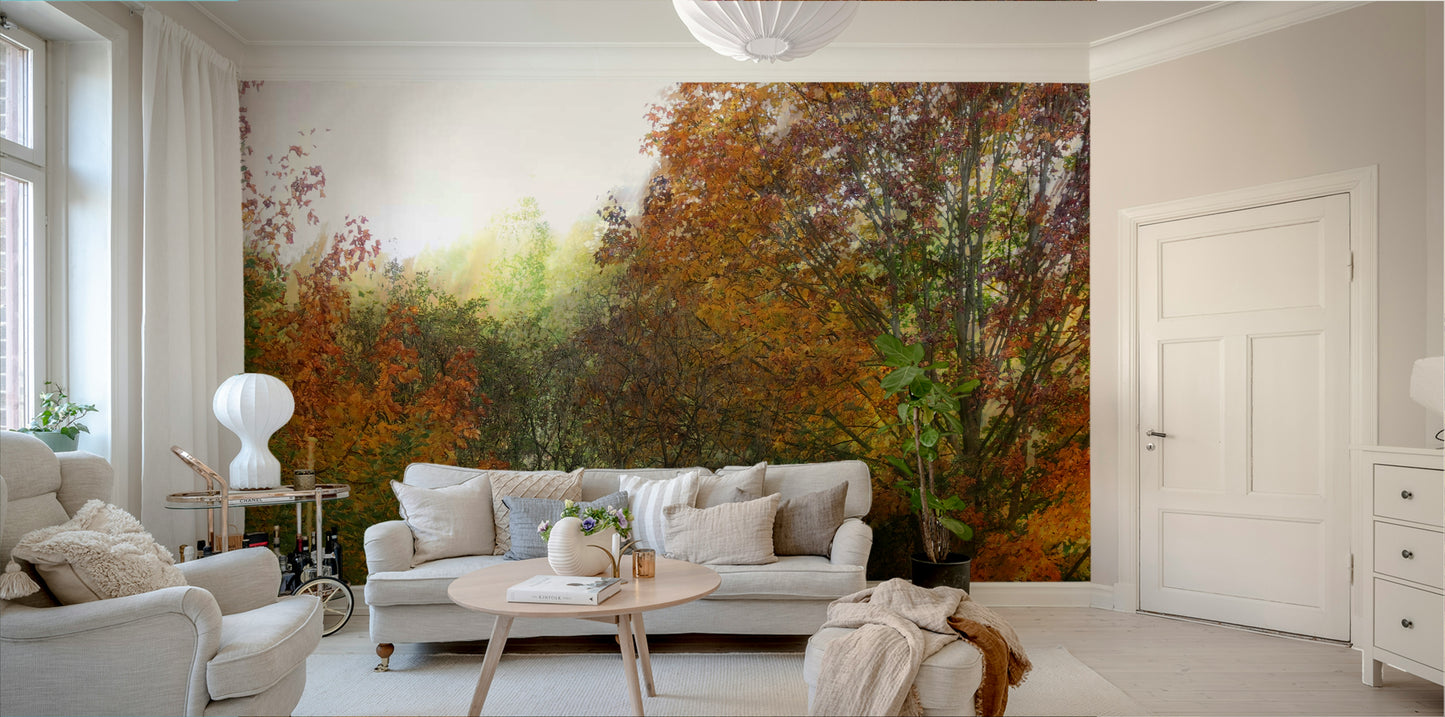 A large-scale art print of a fall landscape.

