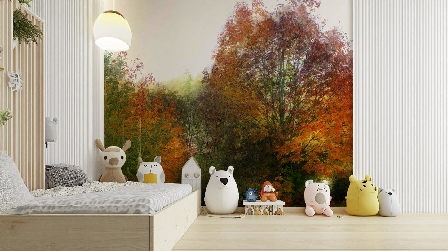 A photo-realistic wall mural of a dense forest with colorful autumn foliage.

