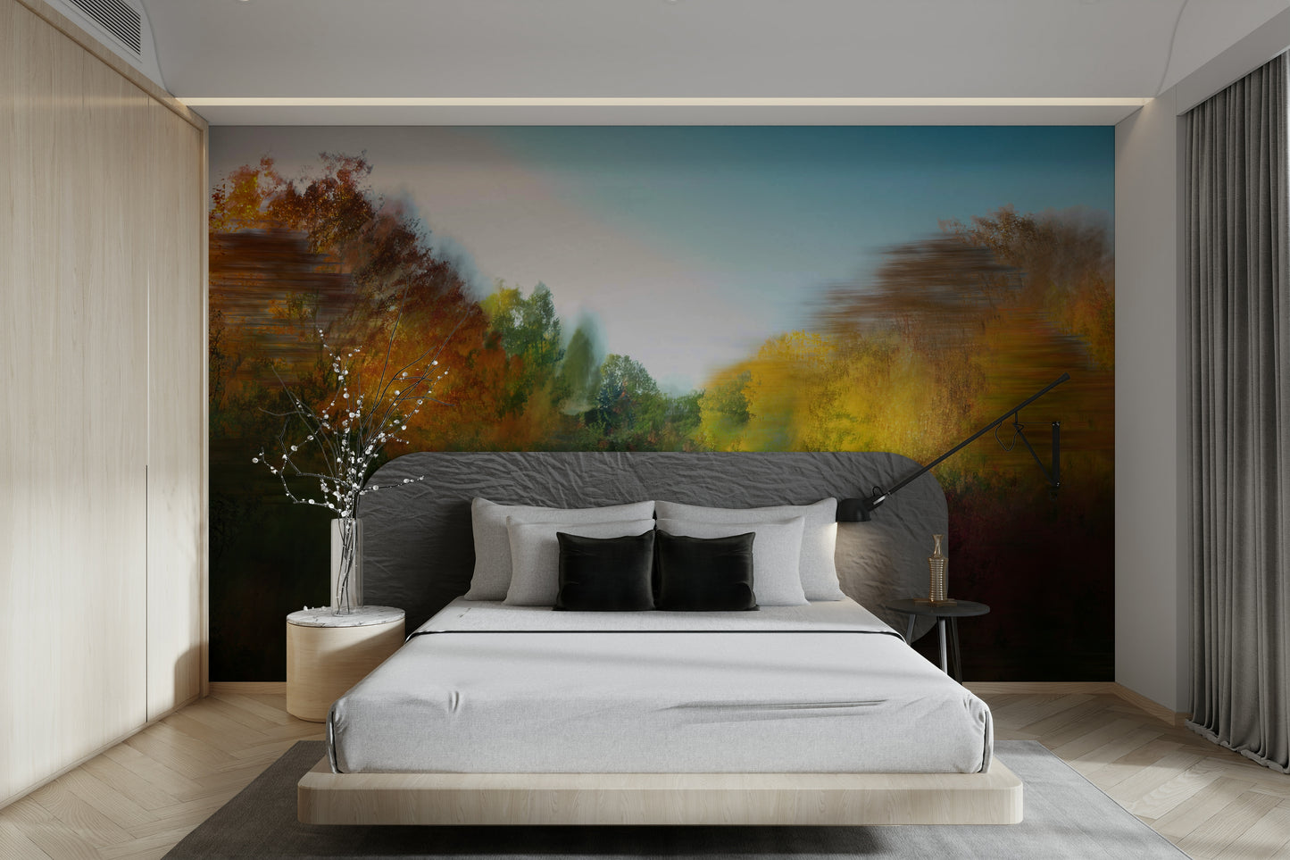 An abstract wall mural of a blurred autumn landscape.

