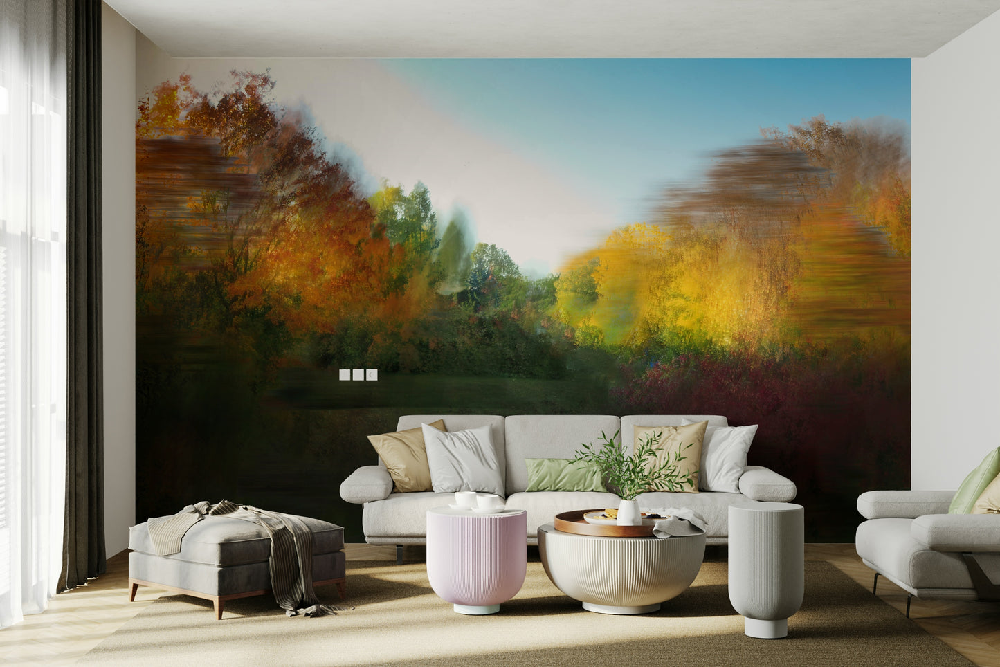 The colors are warm autumn tones, with soft yellows, oranges, and greens.

