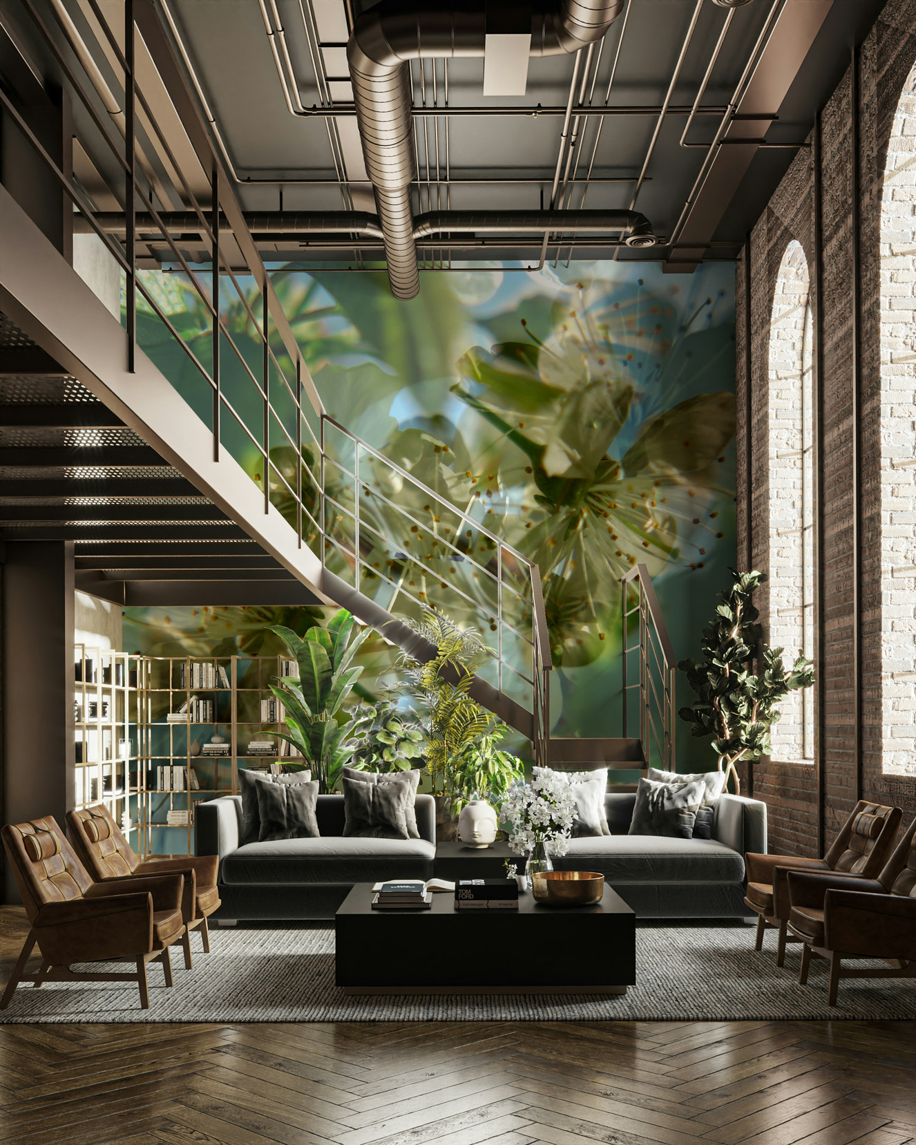 An abstract wall mural showing ethereal green and white floral shapes.