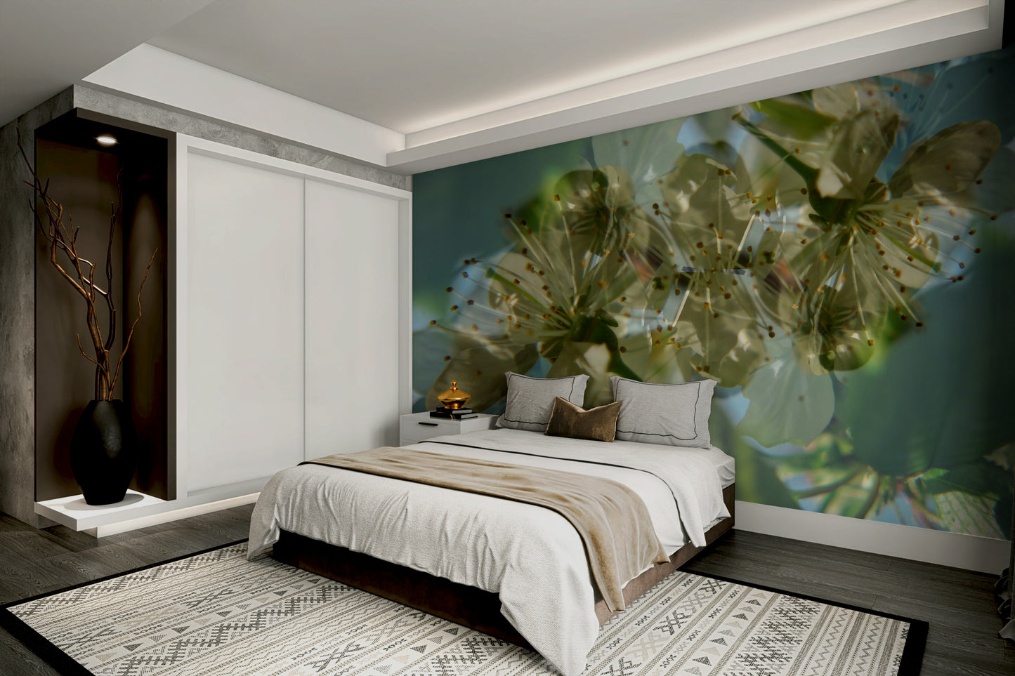 The room feels calm and serene due to the gentle artwork.

