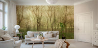 A photo-realistic wall mural of a serene forest landscape.

