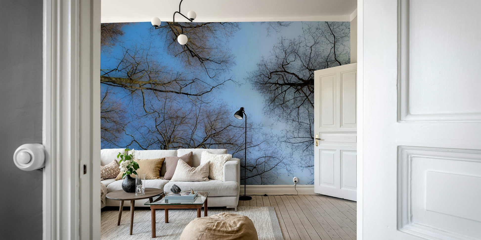 The wallpaper is applied seamlessly, giving the illusion of a real view.

