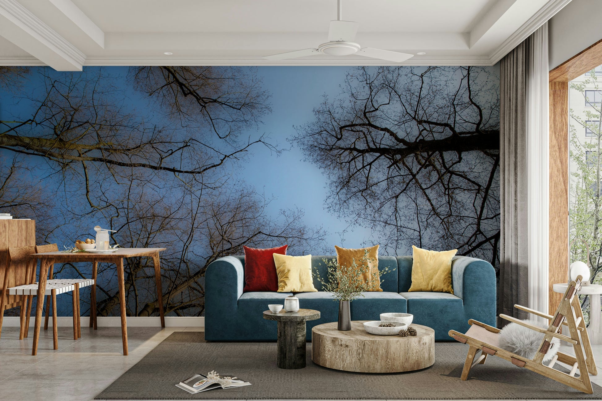 The wall mural is installed on a living room feature wall.

