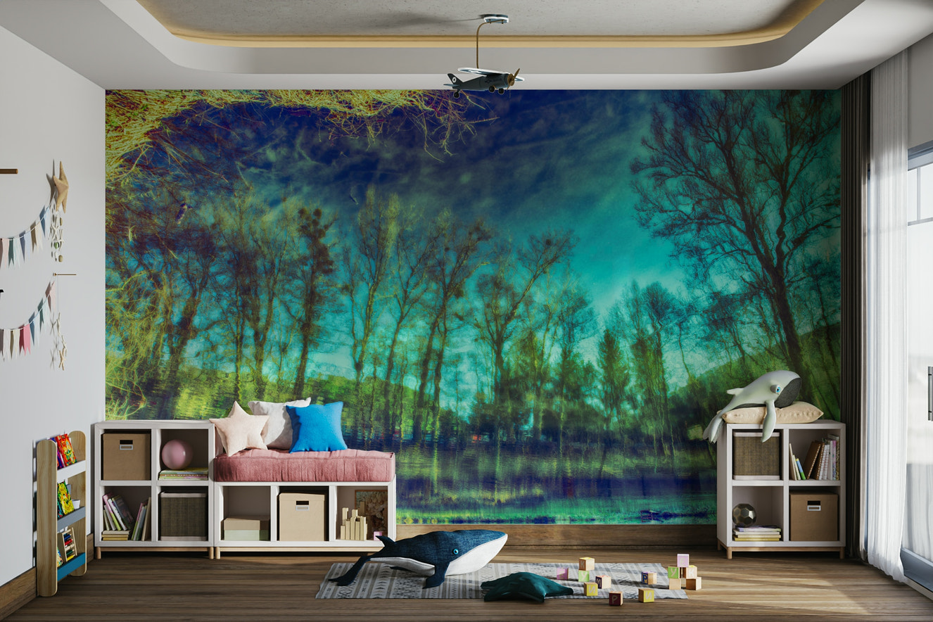 An abstract wall mural showing trees reflected in tranquil water with a blurred effect.

