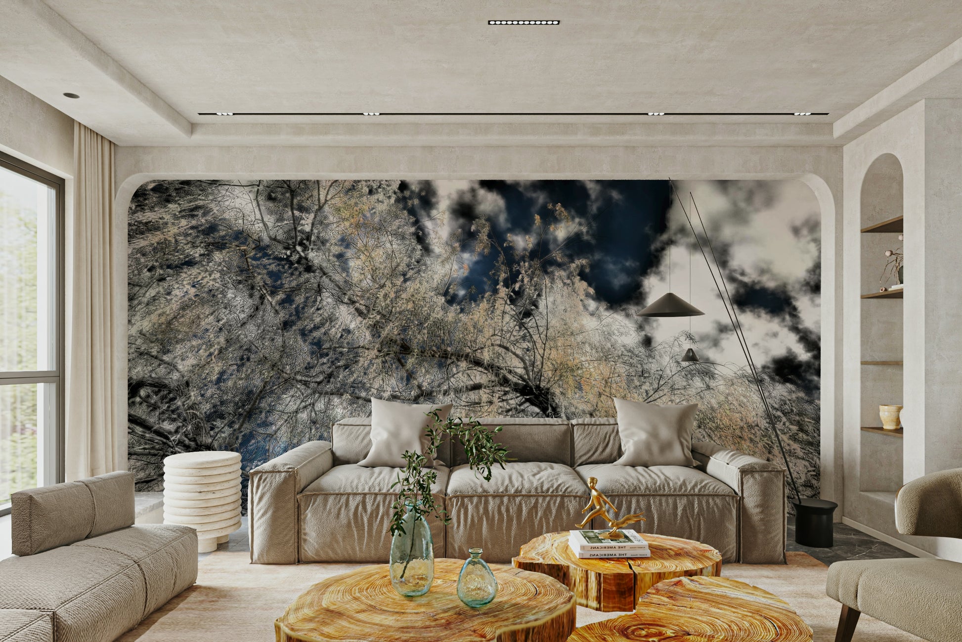 A photo-realistic wall mural of an ethereal tree canopy.


