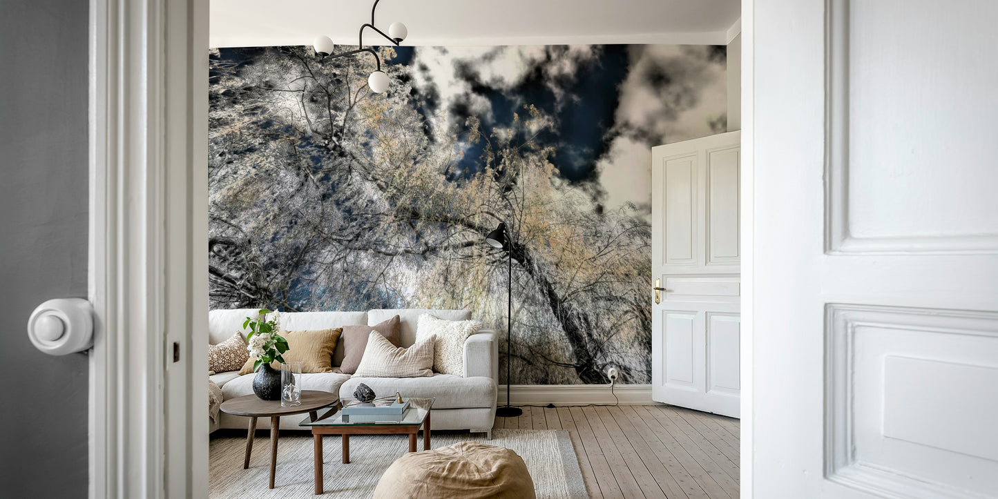 The wall mural is installed on a living room feature wall.

