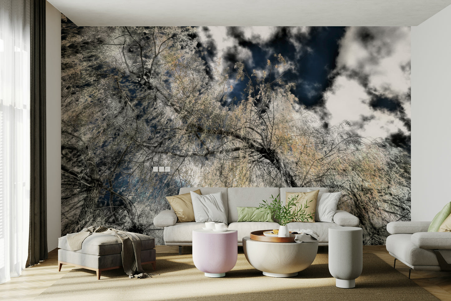 The dark branches and foliage are silhouetted against a bright, dramatic sky.