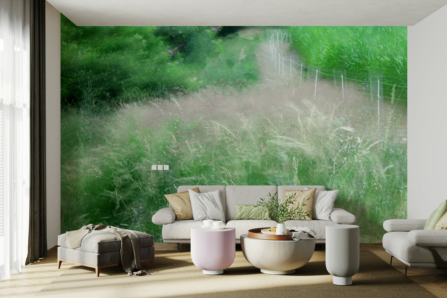 The wall mural is the main feature on a bedroom wall.

