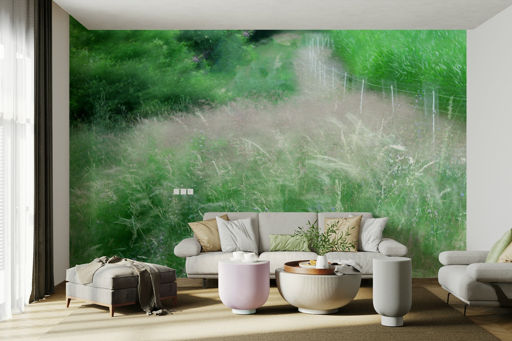 The wall mural is the main feature on a bedroom wall.

