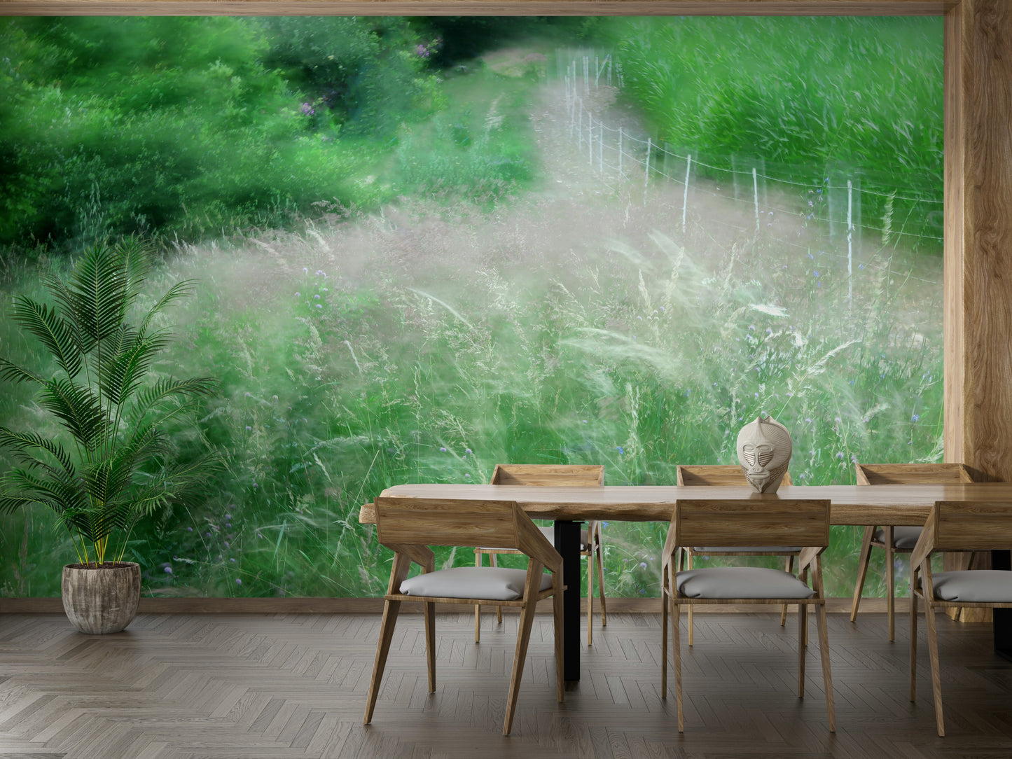 The wallpaper is applied seamlessly, making the whole wall a single piece of art.

