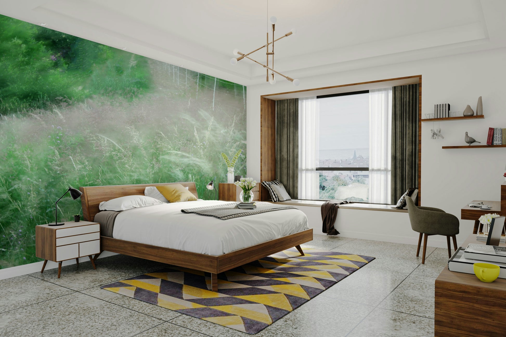 The blurry shapes suggest a path winding through a quiet forest.

