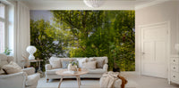 A photo-realistic wall mural of a serene green landscape.

