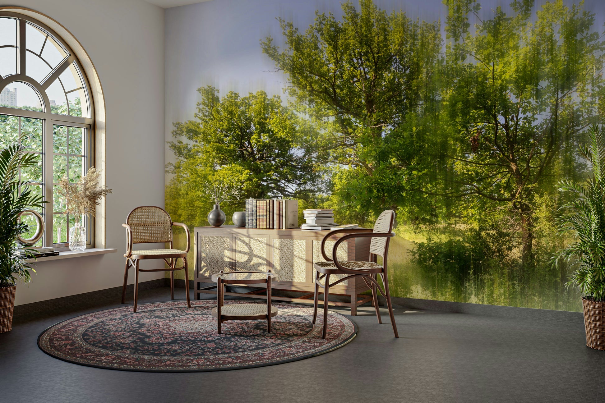 The room feels calm and relaxing due to the natural scene.

