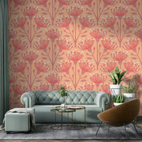 A repeating floral and botanical pattern on a wall mural.

