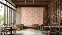 A repeating floral and botanical pattern on a wall mural.

