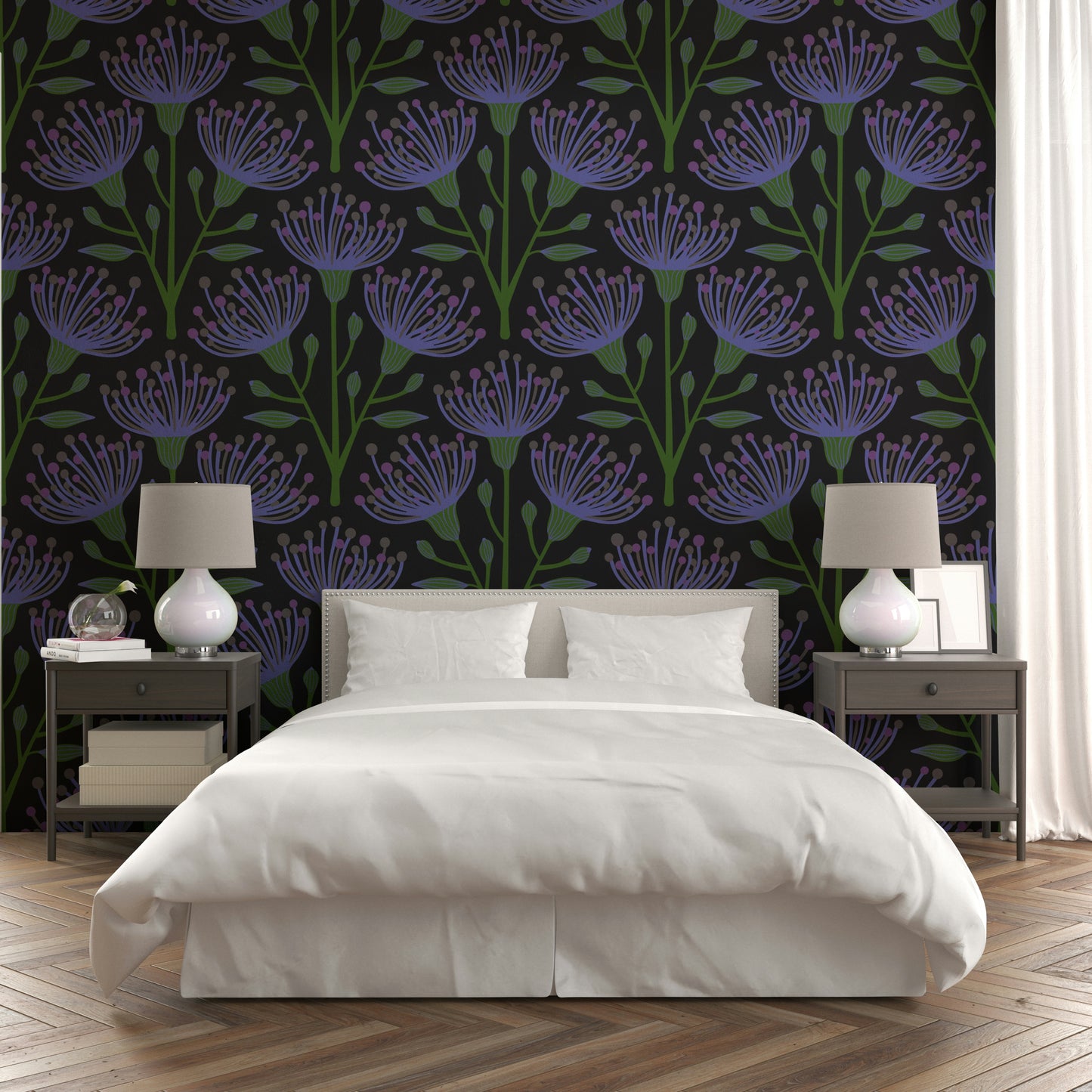 A repeating floral and botanical pattern on a wall mural.

