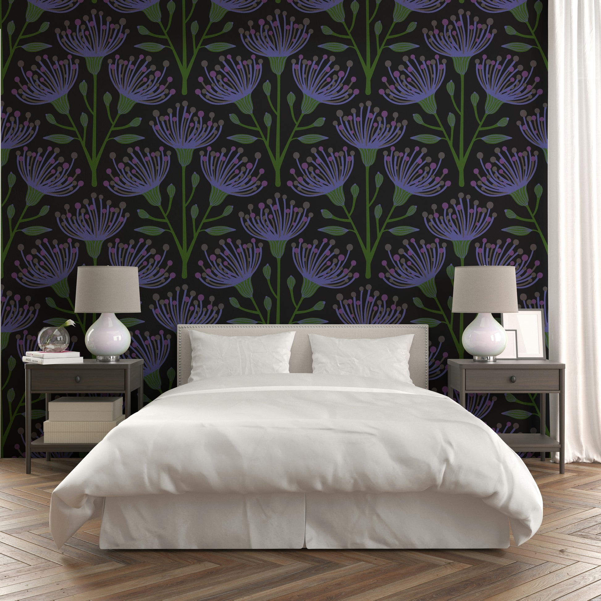 A repeating floral and botanical pattern on a wall mural.

