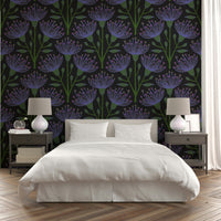 A repeating floral and botanical pattern on a wall mural.

