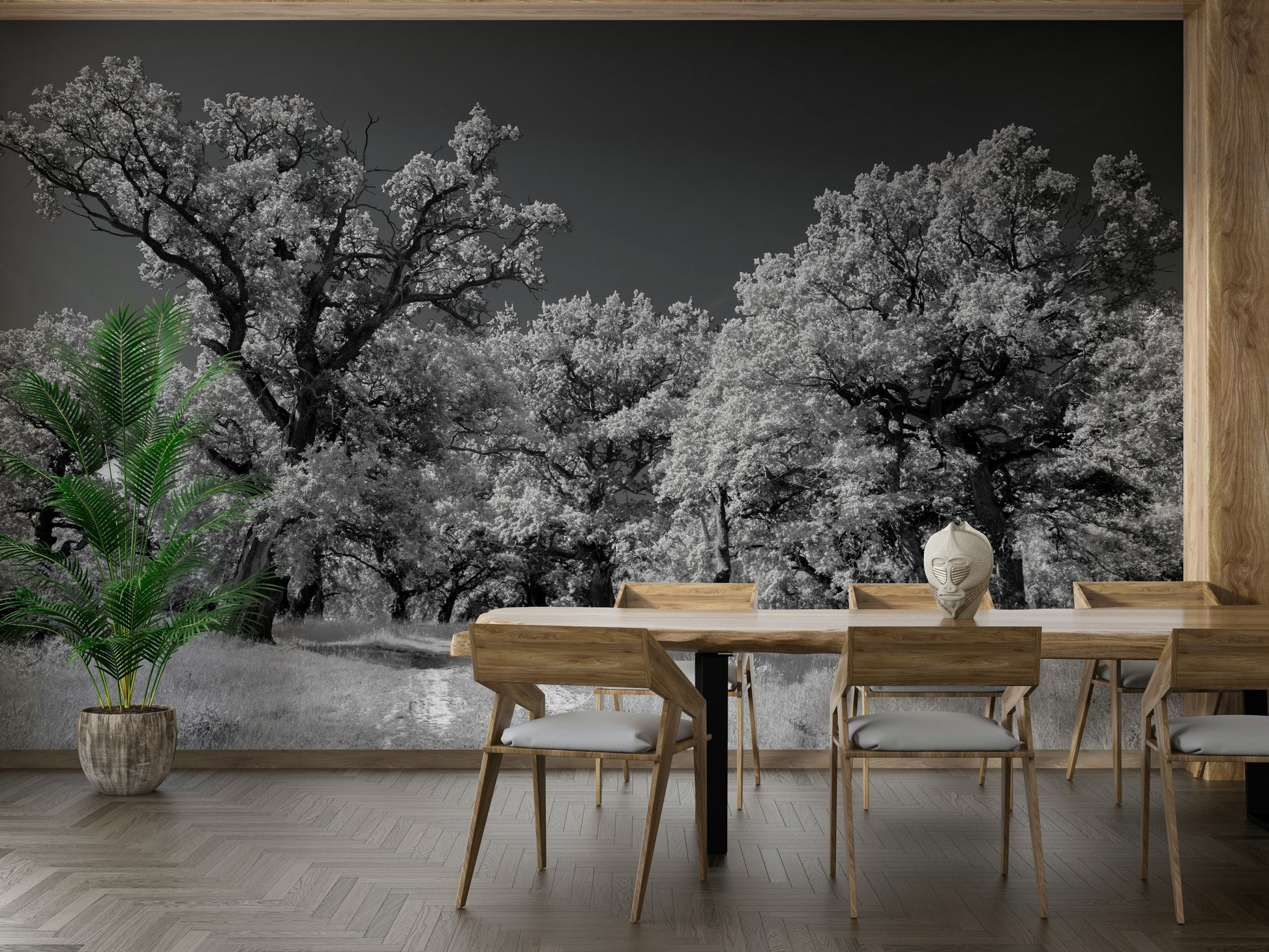 The high-resolution print captures fine details of the trees' leaves and branches.

