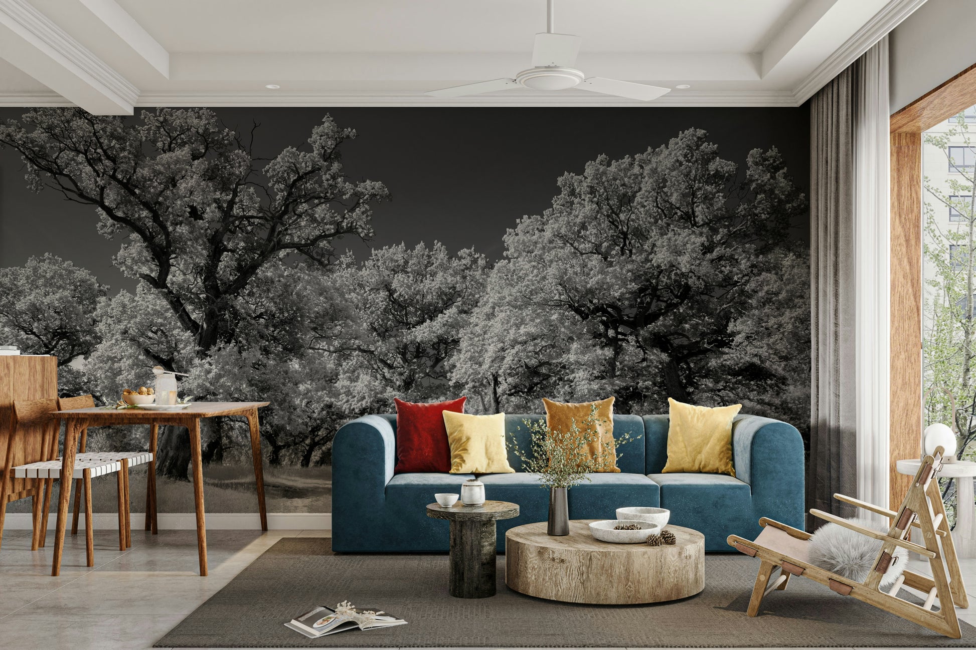 The wall mural is installed on a living room feature wall.

