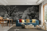 The wall mural is installed on a living room feature wall.

