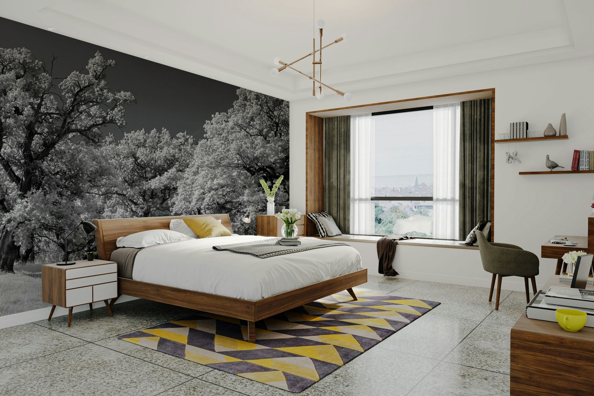 The wallpaper is applied seamlessly, making the view feel realistic.

